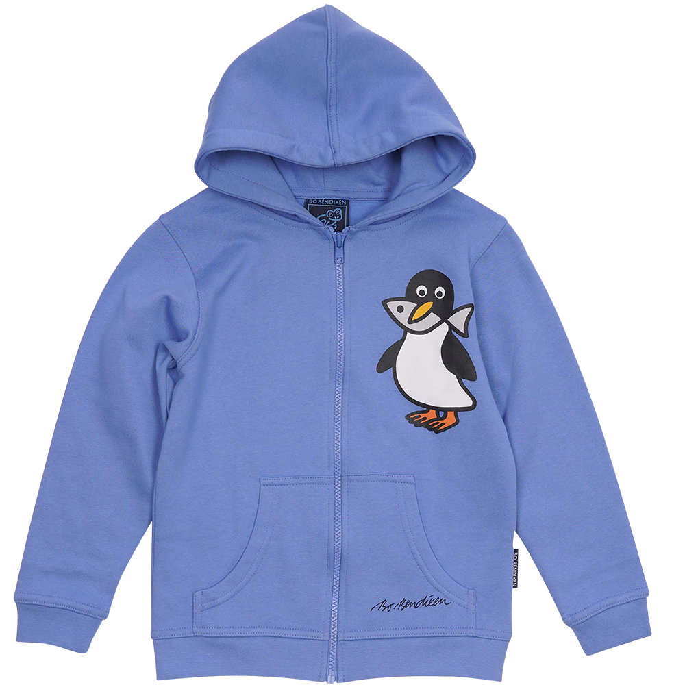 SWEATSHIRT BØRN M HÆTTE OG LYN PINGVIN MED FISK BLÅ 1